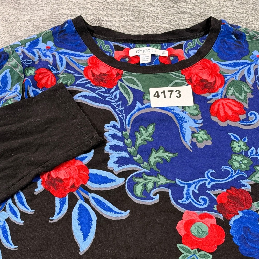 Chico's Floral Top Women Size 2 L Black Blue Red Rose Print Long Sleeve Crewneck